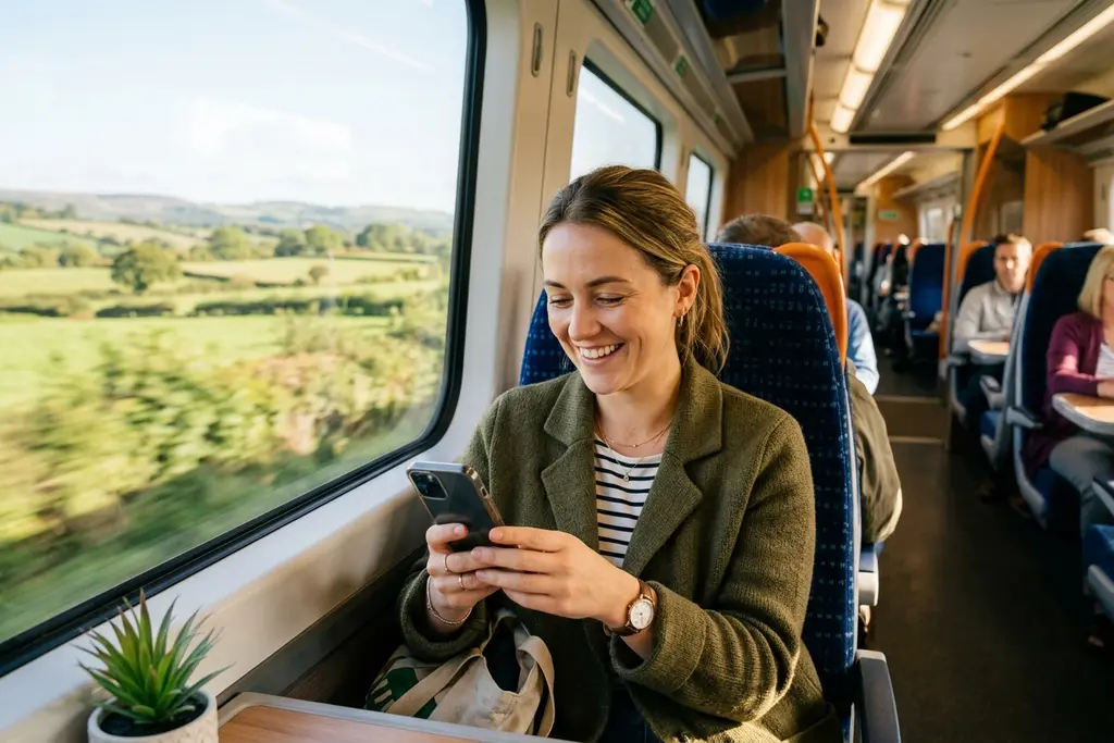 Commuter on a UK train reading a job advert on a phone