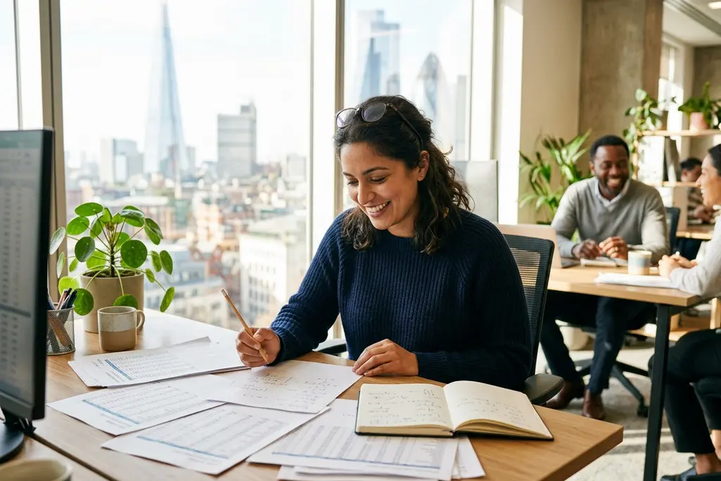 Actuary working through pricing calculations at a desk in a UK insurance office