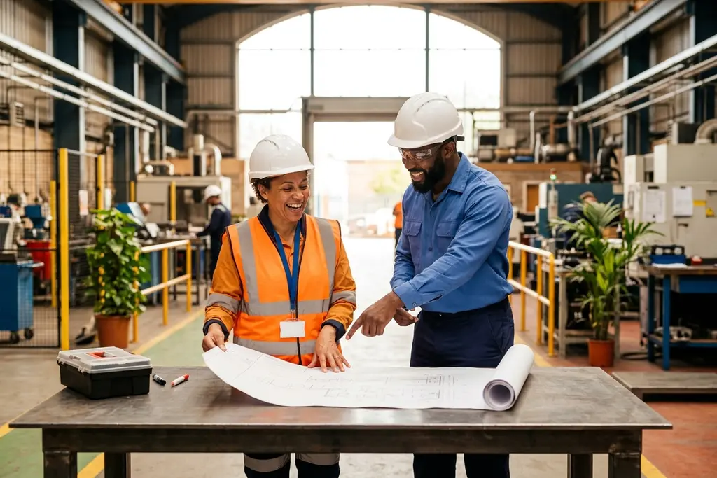 Engineering project manager and engineer reviewing drawings at a UK industrial site