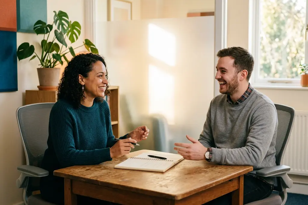 HR manager in a one-to-one meeting in a small UK office room