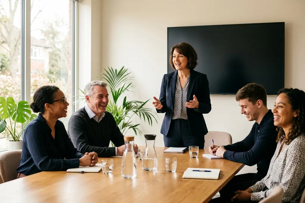 Sales and marketing director leading a commercial meeting in a UK boardroom